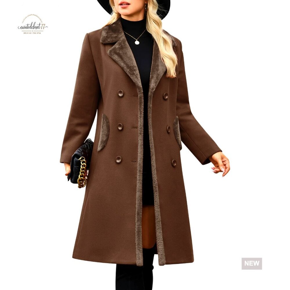 Elegant Classic Pea Coat Double Breasted Slim Fit Long Winter Trench Coat